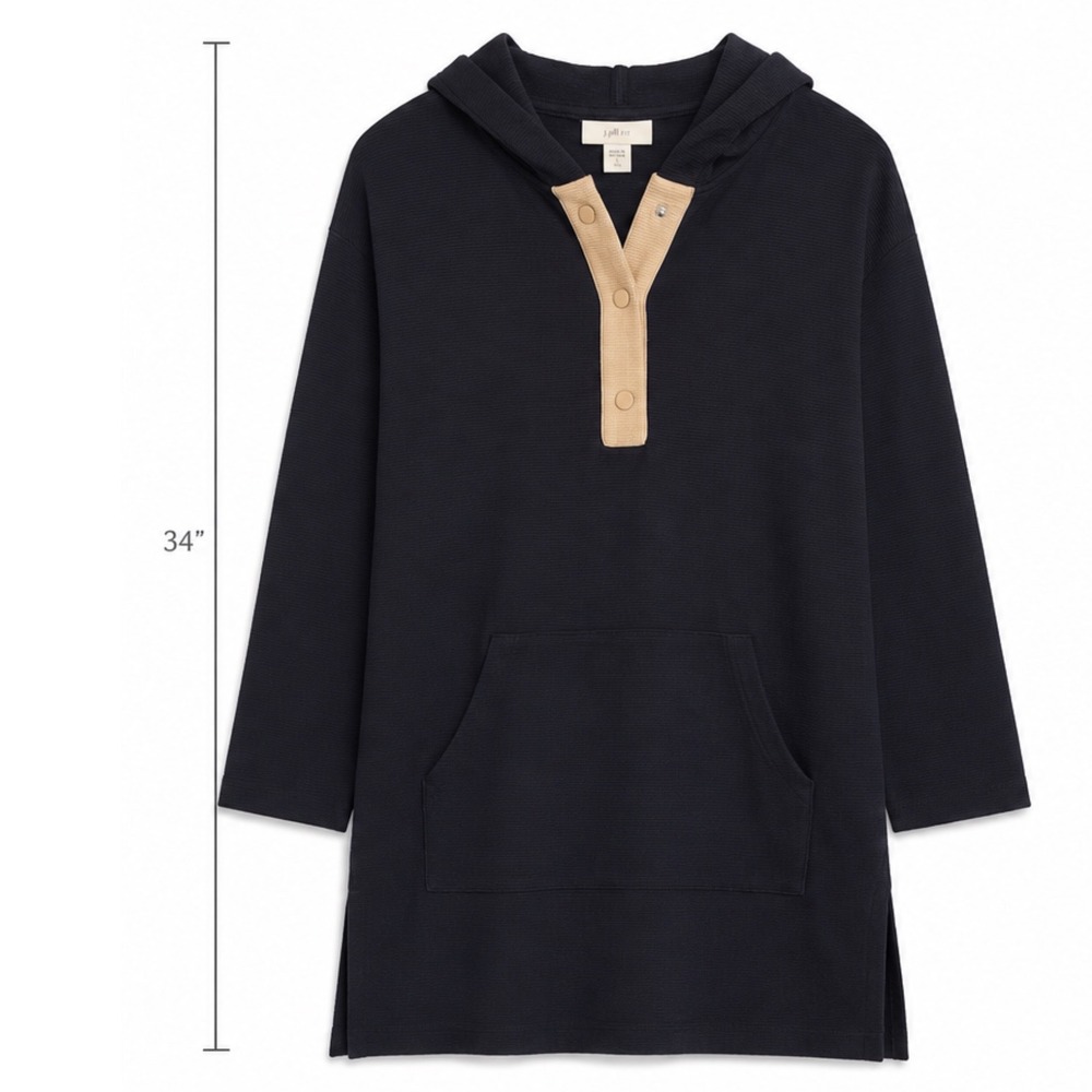 J.‎ Jill Fit Navy Blue Ribbed Henley Tunic Hoodie Tan Trim Large Tall